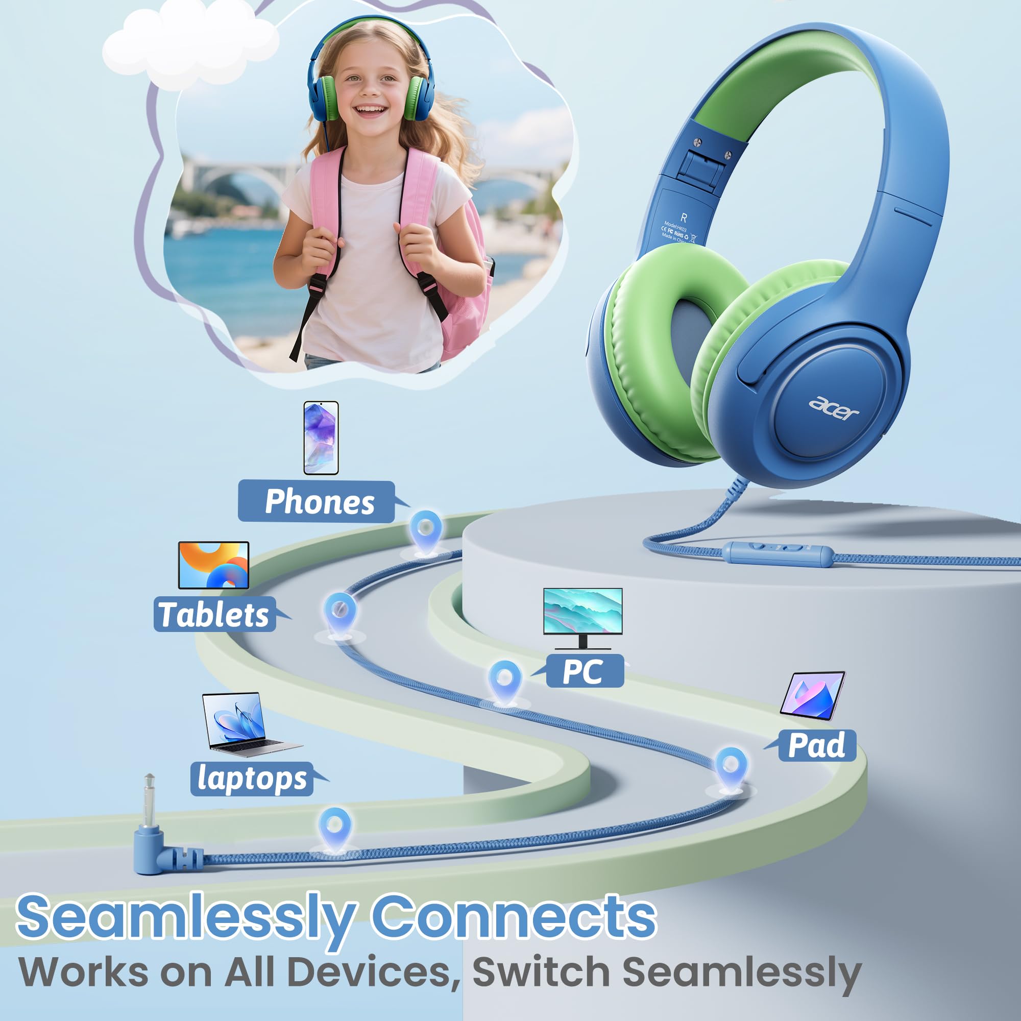 Acer Kids Headphones for School, 85-94dB Limiter, 3.5mm Jack, w/Mic HK03
