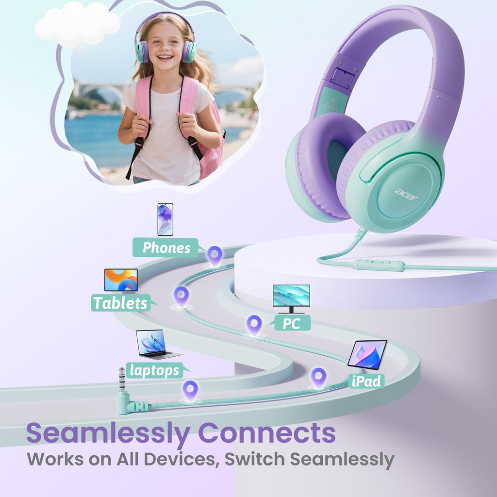 Acer Kids Headphones for School, 85-94dB Limiter, 3.5mm Jack, w/Mic HK03