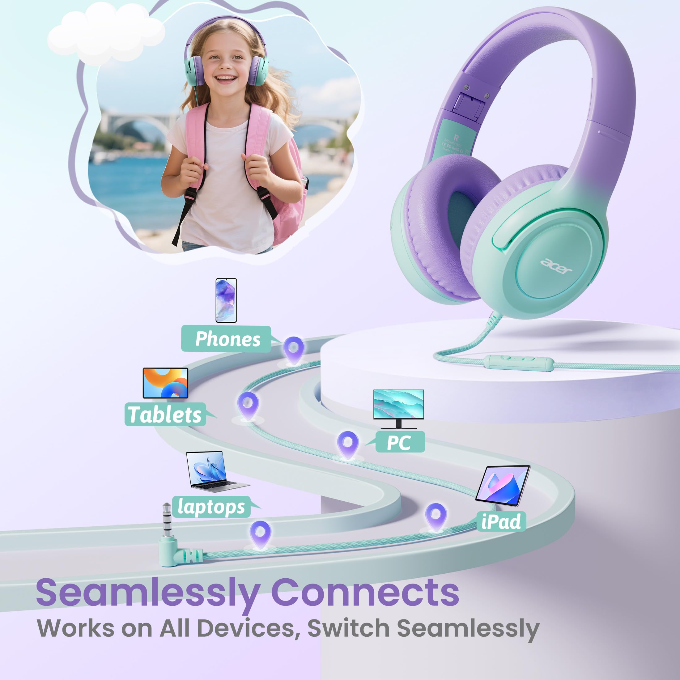 Acer Kids Headphones for School, 85-94dB Limiter, 3.5mm Jack, w/Mic HK03