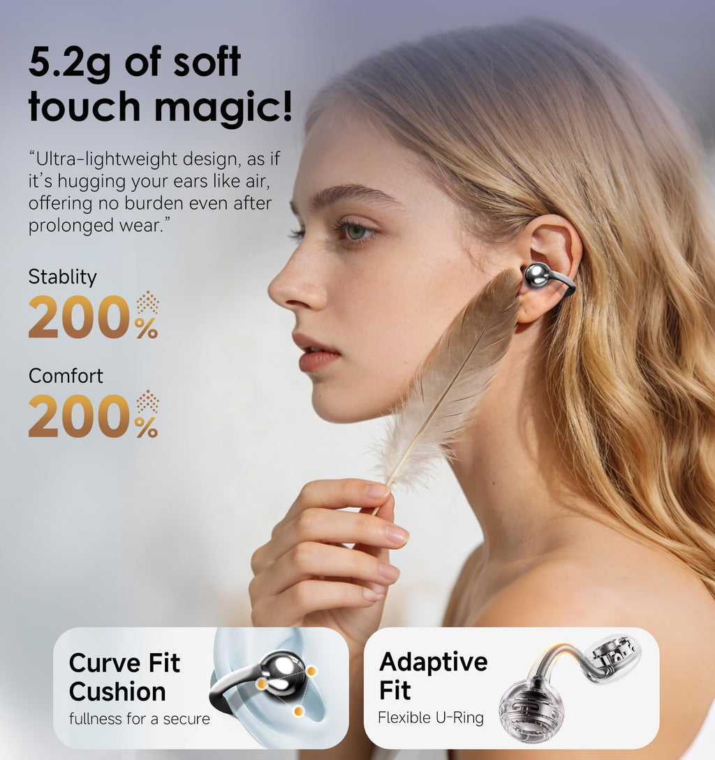 King Lucky Clip-On Earbuds Gen 3, Open-Ear Wireless Bluetooth 6.0 Headphones with Mic, Secure Fit for Small Ears & Glasses Wearers, 50H Playtime, LED Digital Display, ENC, IPX5 Waterproof (Purple)