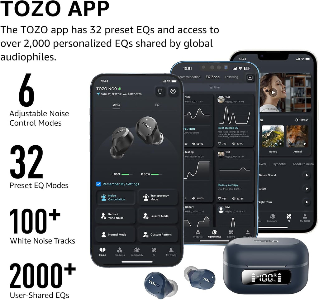 TOZO NC9 Hybrid Active Noise Cancelling Wireless Earbuds, 60H, LED Display