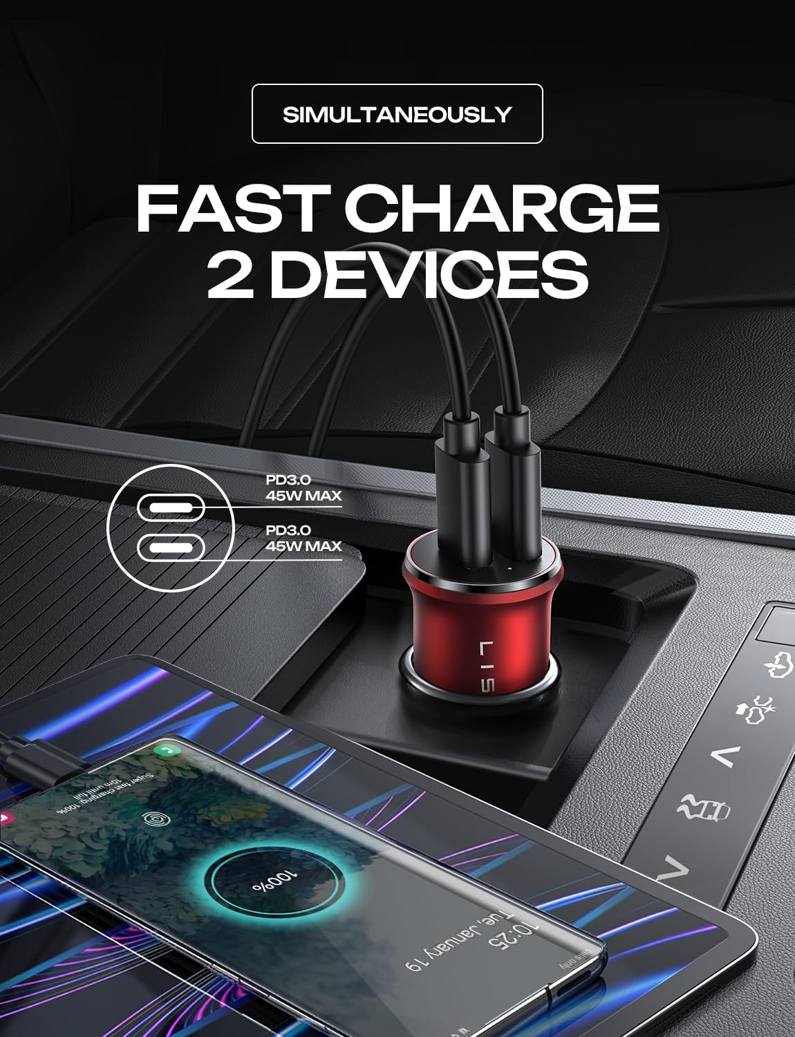 LISEN 90W Car Charger USB C Fast Charge,USB C Car Charger for iPhone 17 Pro
