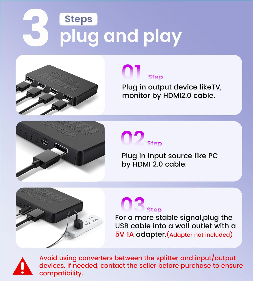 avedio links HDMI Splitter 1 in 2 Out [with 4 Ft Hdmi Cable], Mirror Only