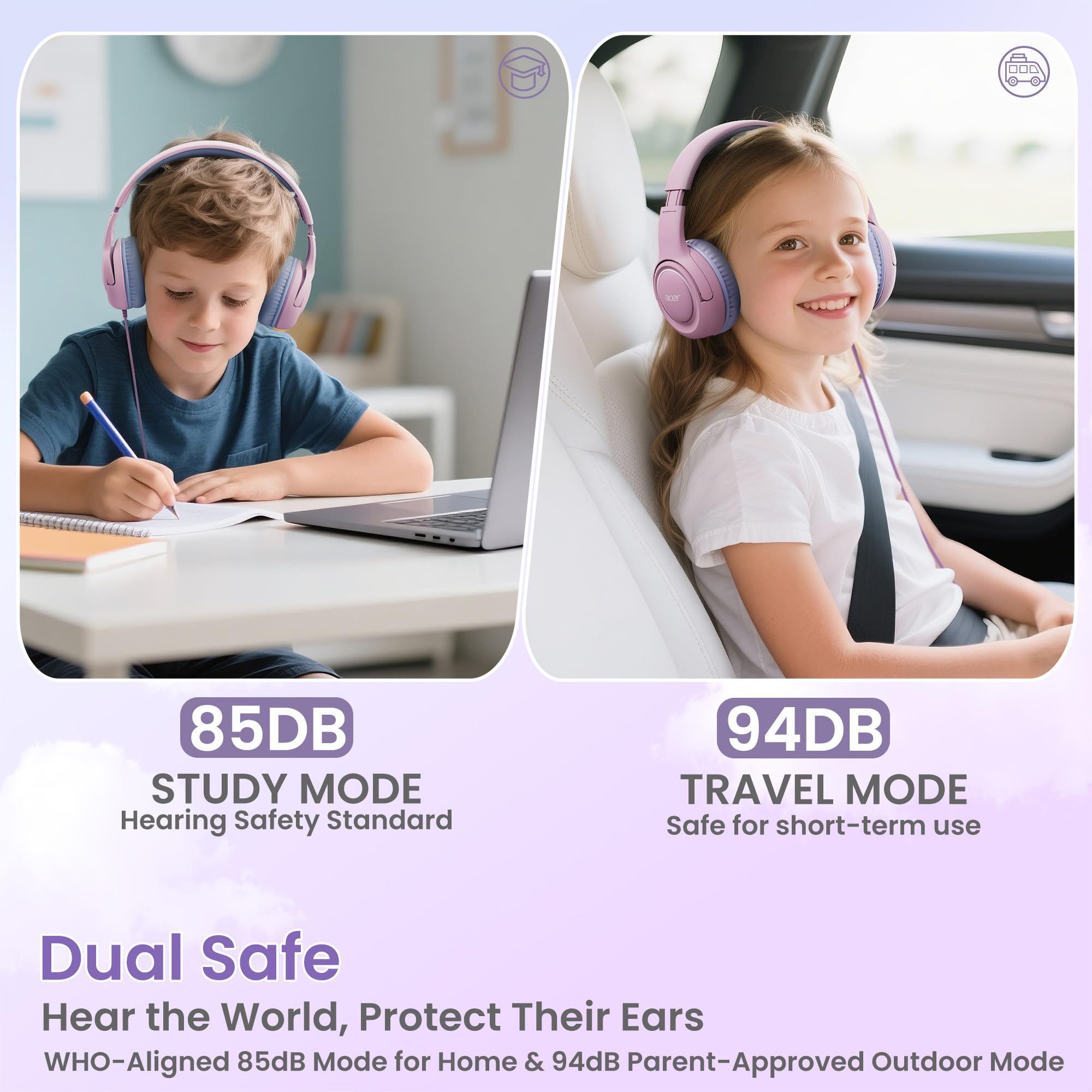 Acer Kids Headphones for School, 85-94dB Limiter, 3.5mm Jack, w/Mic HK03