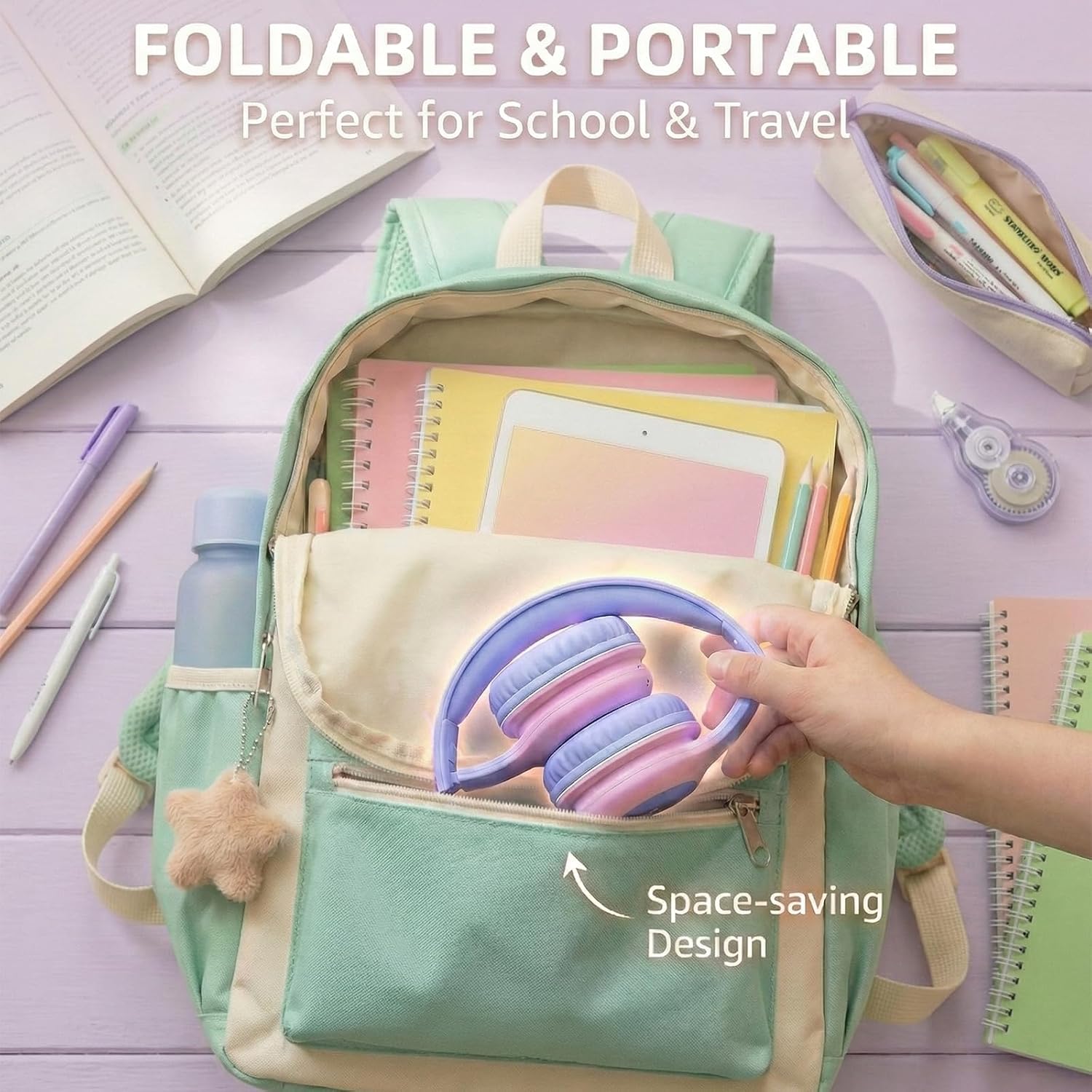 ADOOPE Wired Kids Headphones with USB C Plug, 85dB Safe Volume, Adjustable Headband, Tangle-Free Cord Headphones for School, Tablet, Travel (Light Purple & Pink, Without Microphone)