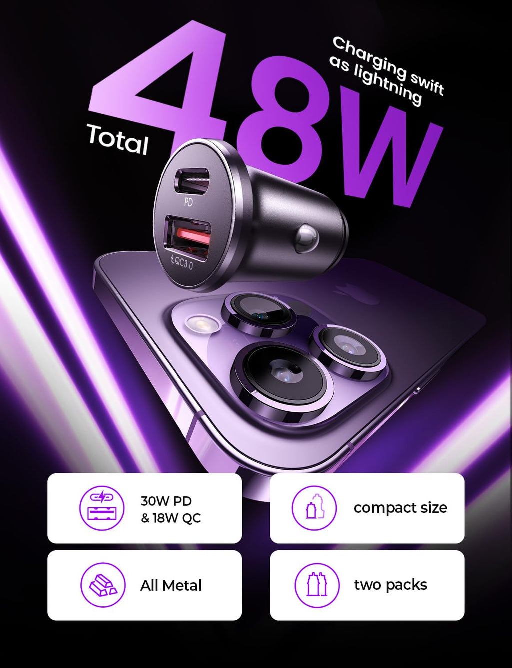 LISEN Car Charger USB C, 69W Cigarette Lighter USB Charger Adapter, 2 Pack