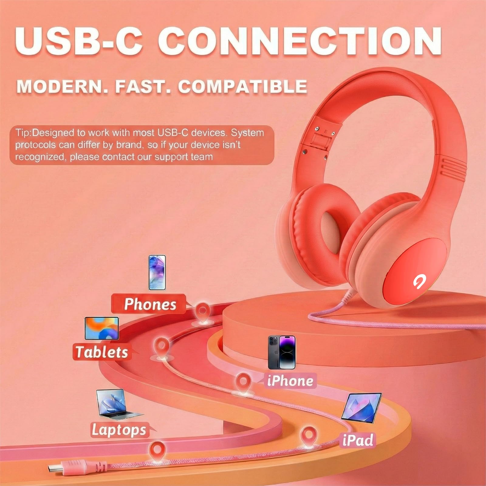 ADOOPE Wired Kids Headphones with USB C Plug, 85dB Safe Volume, Adjustable Headband, Tangle-Free Cord Headphones for School, Tablet, Travel (Light Purple & Pink, Without Microphone)
