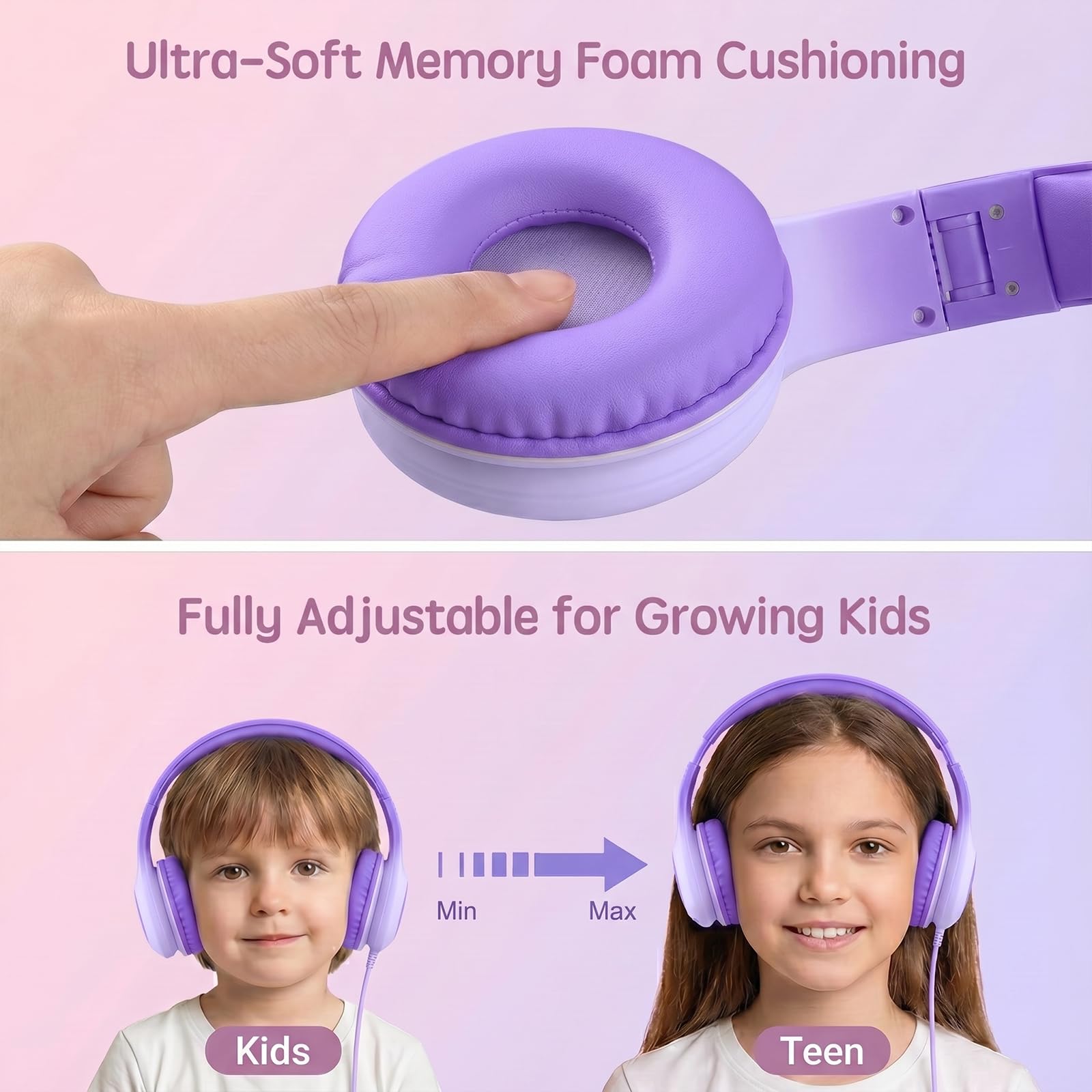 ADOOPE Wired Kids Headphones with USB C Plug, 85dB Safe Volume, Adjustable Headband, Tangle-Free Cord Headphones for School, Tablet, Travel (Light Purple & Pink, Without Microphone)