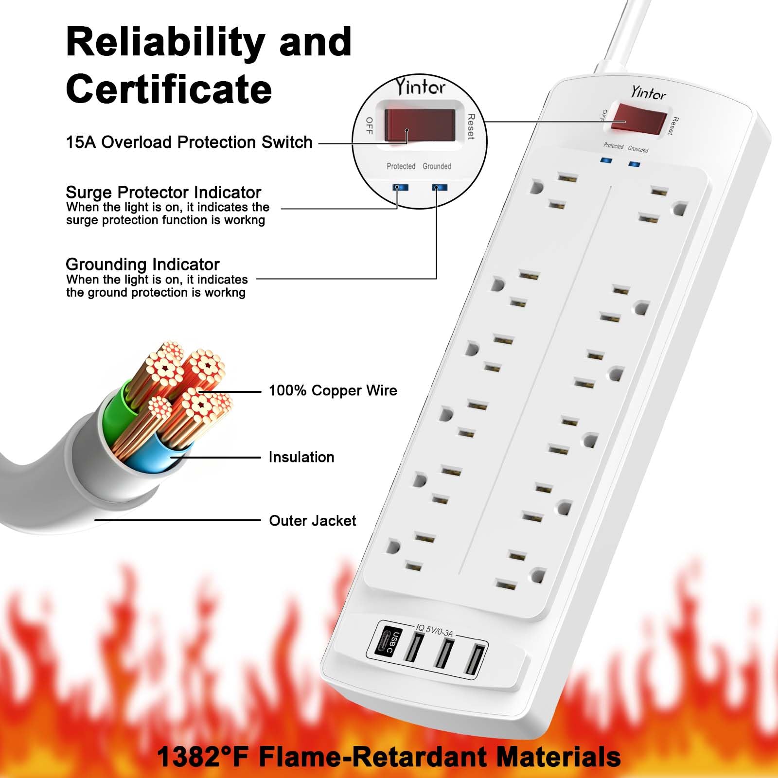 Yintar 6Ft Surge Protector Power Strip with 6 Outlets & 3 USB Ports, Black
