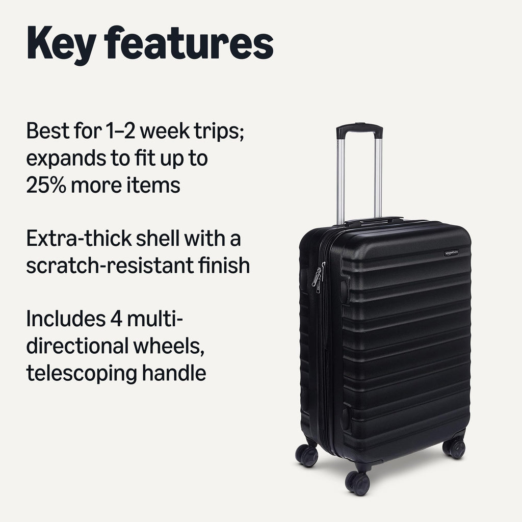Amazon Basics 30" Hardside Large Checked Luggage, Hardshell Suitcase With Four Multi-directional Wheels, Expandable For Up to 15% More Space, Scratch-Resistant Shell, Black
