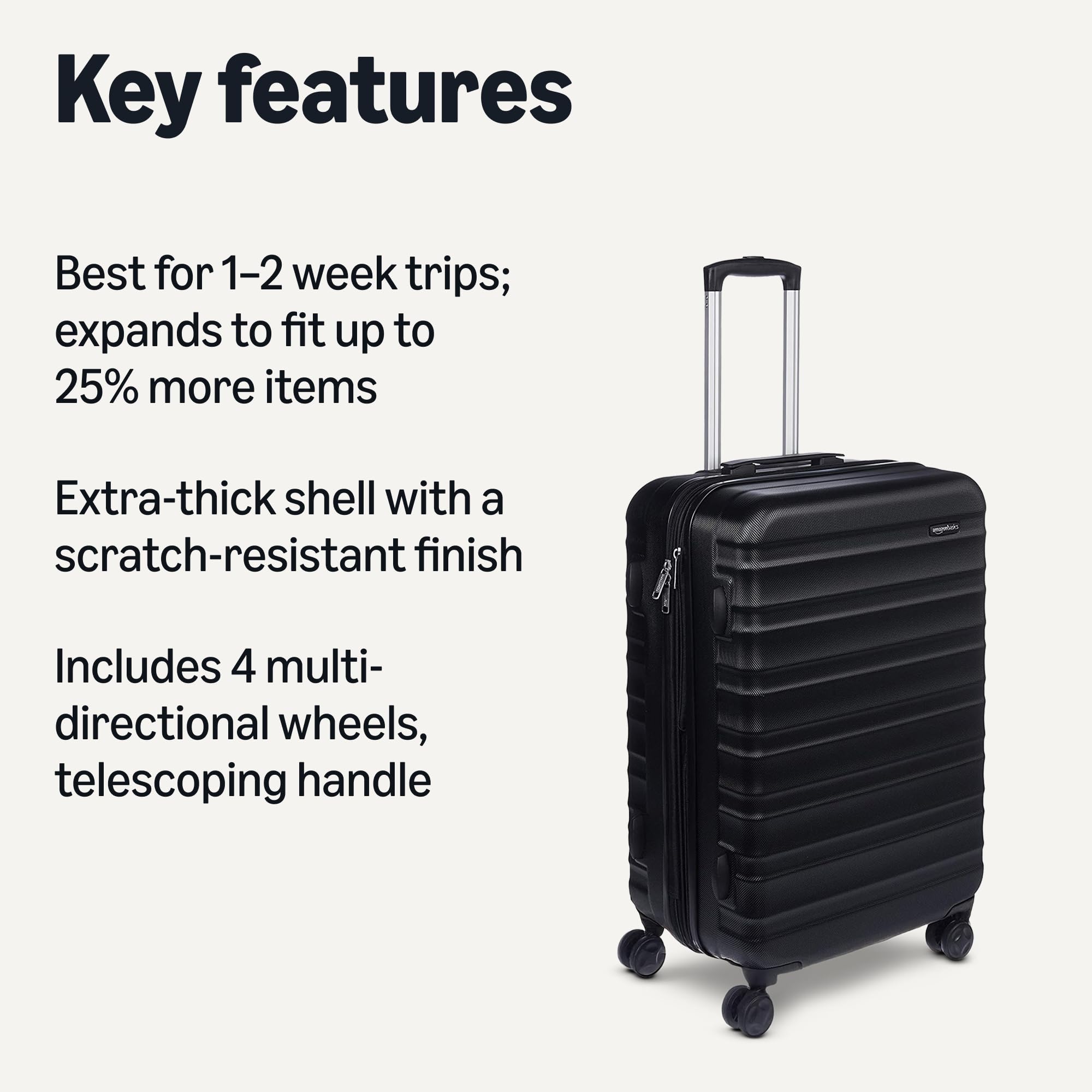 Amazon Basics 30" Hardside Large Checked Luggage, Hardshell Suitcase With Four Multi-directional Wheels, Expandable For Up to 15% More Space, Scratch-Resistant Shell, Black