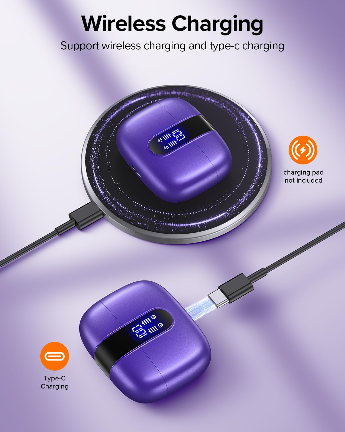 TAGRY Bluetooth Headphones True Wireless Earbuds 60H Playback LED Power Display Earphones with Wireless Charging Case IPX5 Waterproof in-Ear Ear buds with Mic for TV Smart Phone Laptop Computer Sports