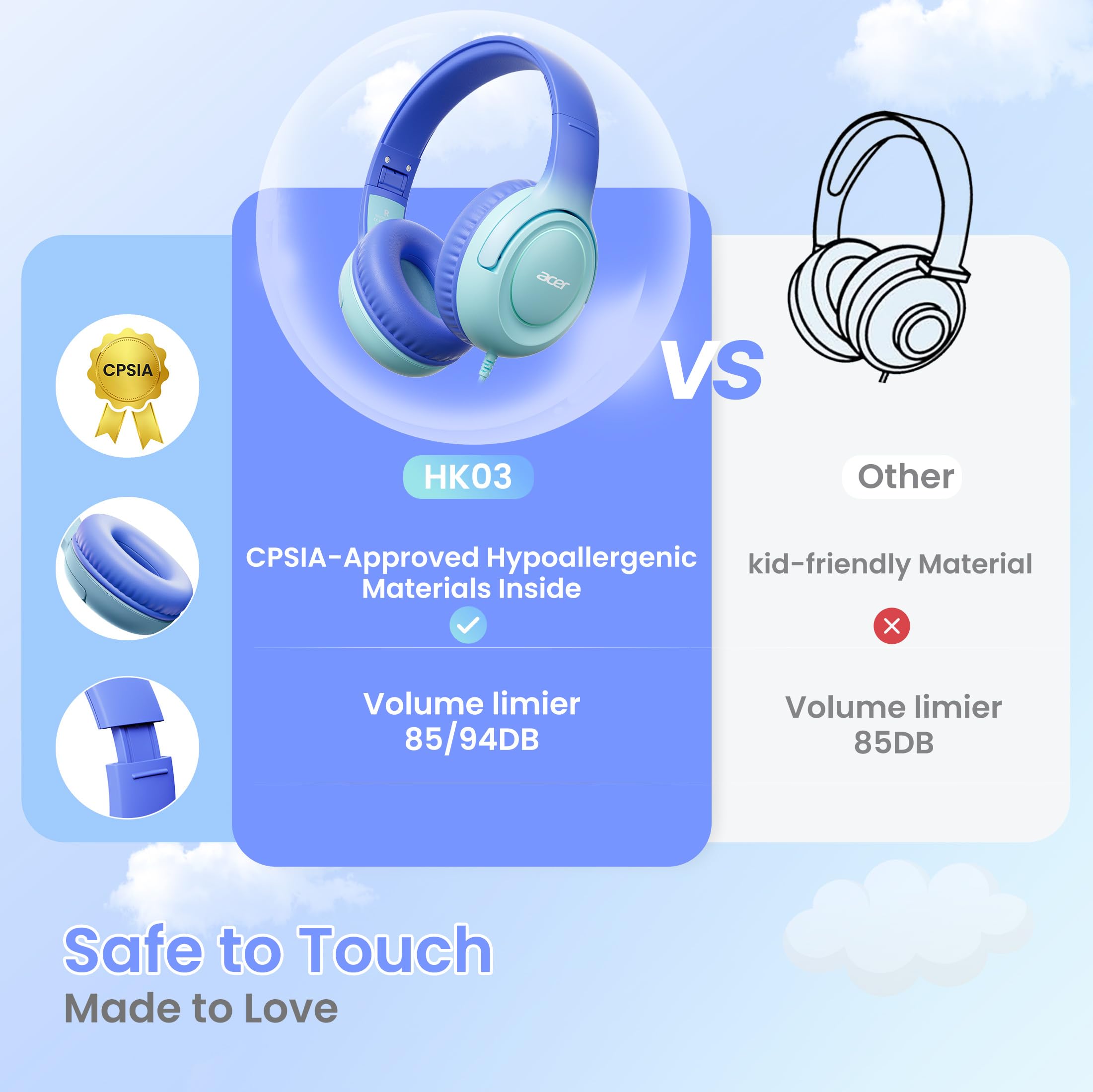 Acer Kids Headphones for School, 85-94dB Limiter, 3.5mm Jack, w/Mic HK03