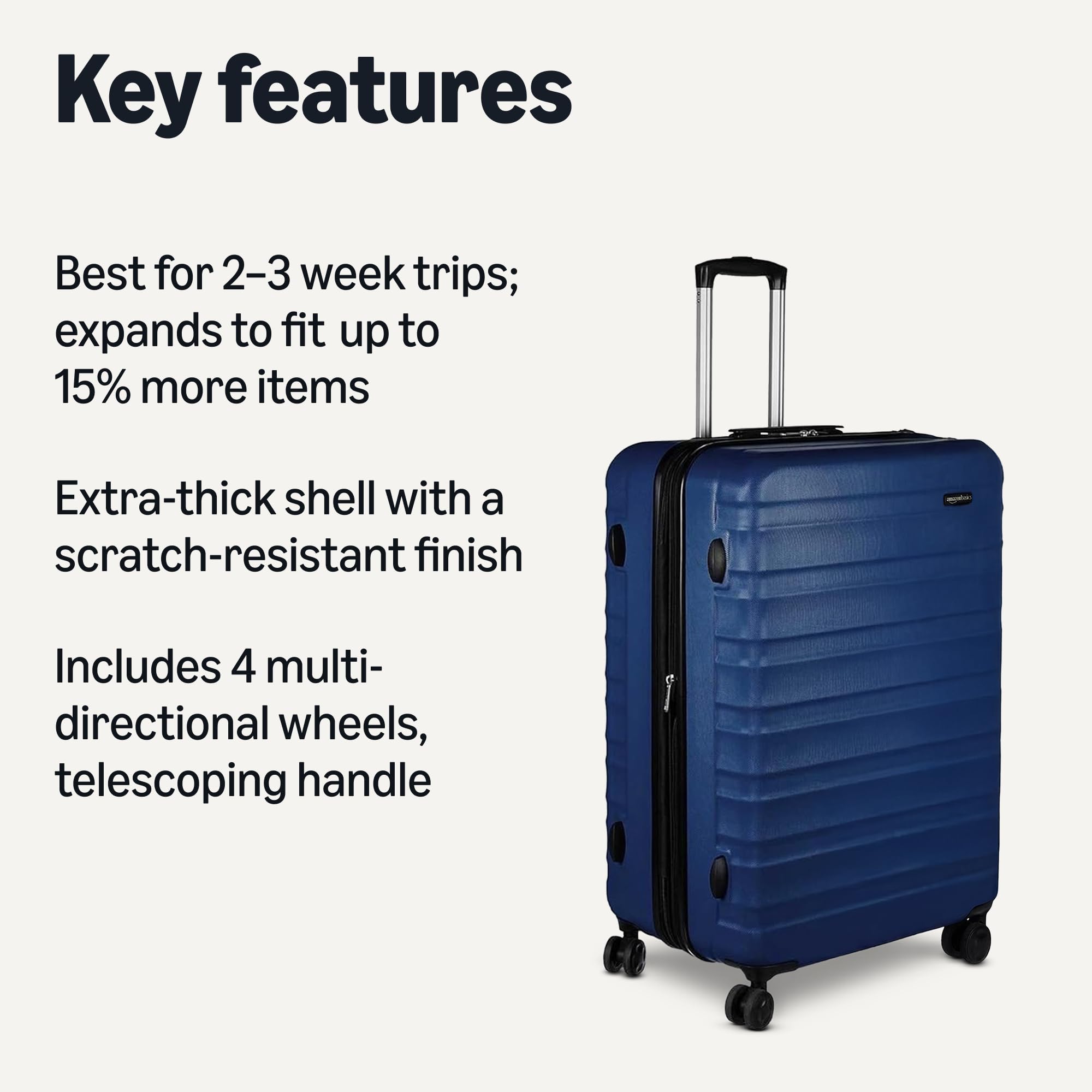 Amazon Basics 30" Hardside Large Checked Luggage, Hardshell Suitcase With Four Multi-directional Wheels, Expandable For Up to 15% More Space, Scratch-Resistant Shell, Black