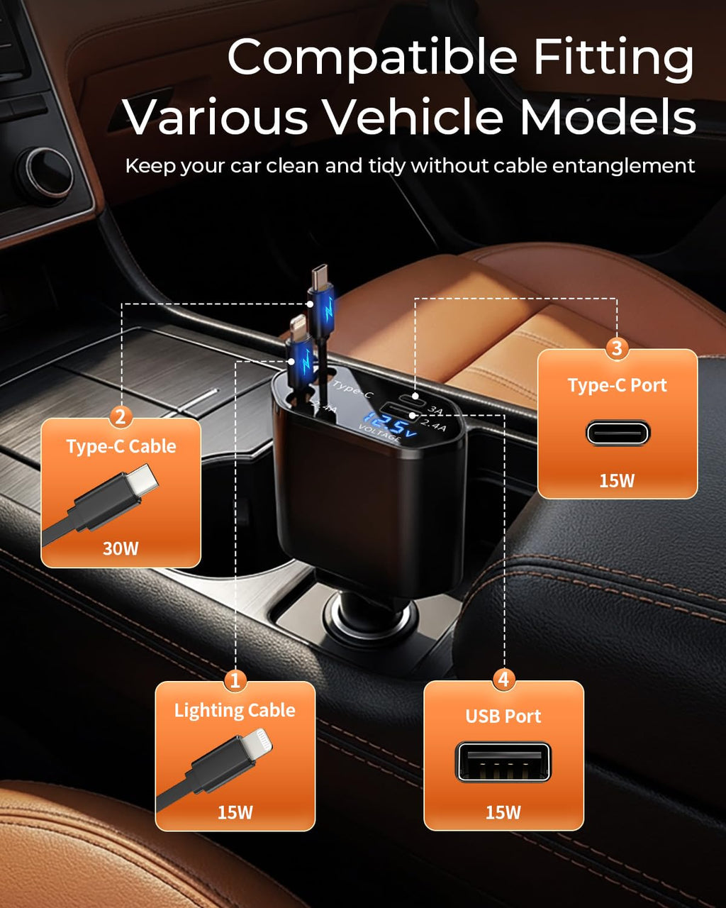 Retractable Car Charger,4 in 1 Fast Charging Car Charger with USB-C & USB-A