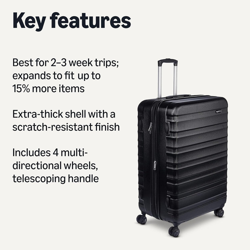 Amazon Basics 30" Hardside Large Checked Luggage, Hardshell Suitcase With Four Multi-directional Wheels, Expandable For Up to 15% More Space, Scratch-Resistant Shell, Black