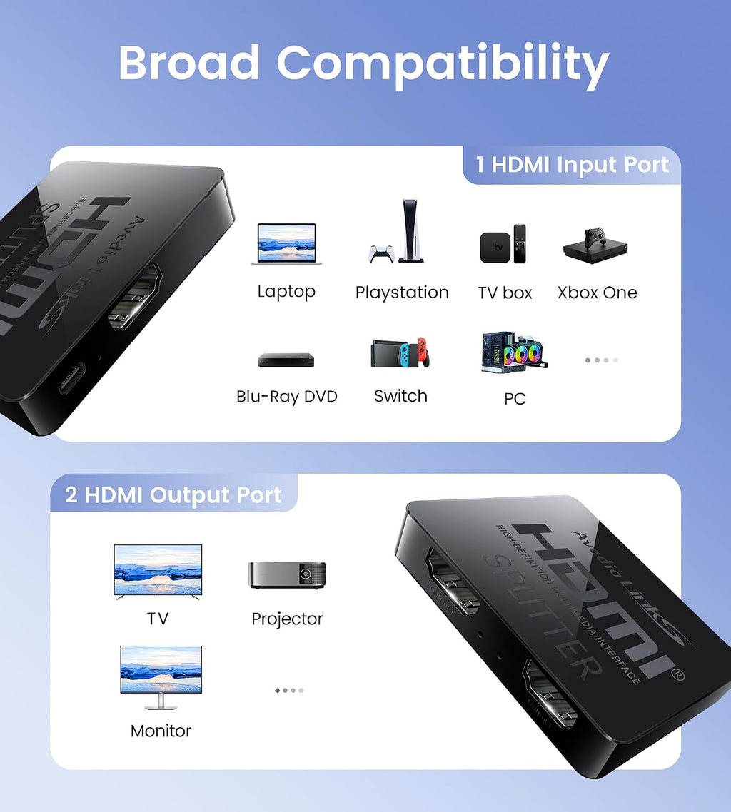 avedio links HDMI Splitter 1 in 2 Out [with 4 Ft Hdmi Cable], Mirror Only