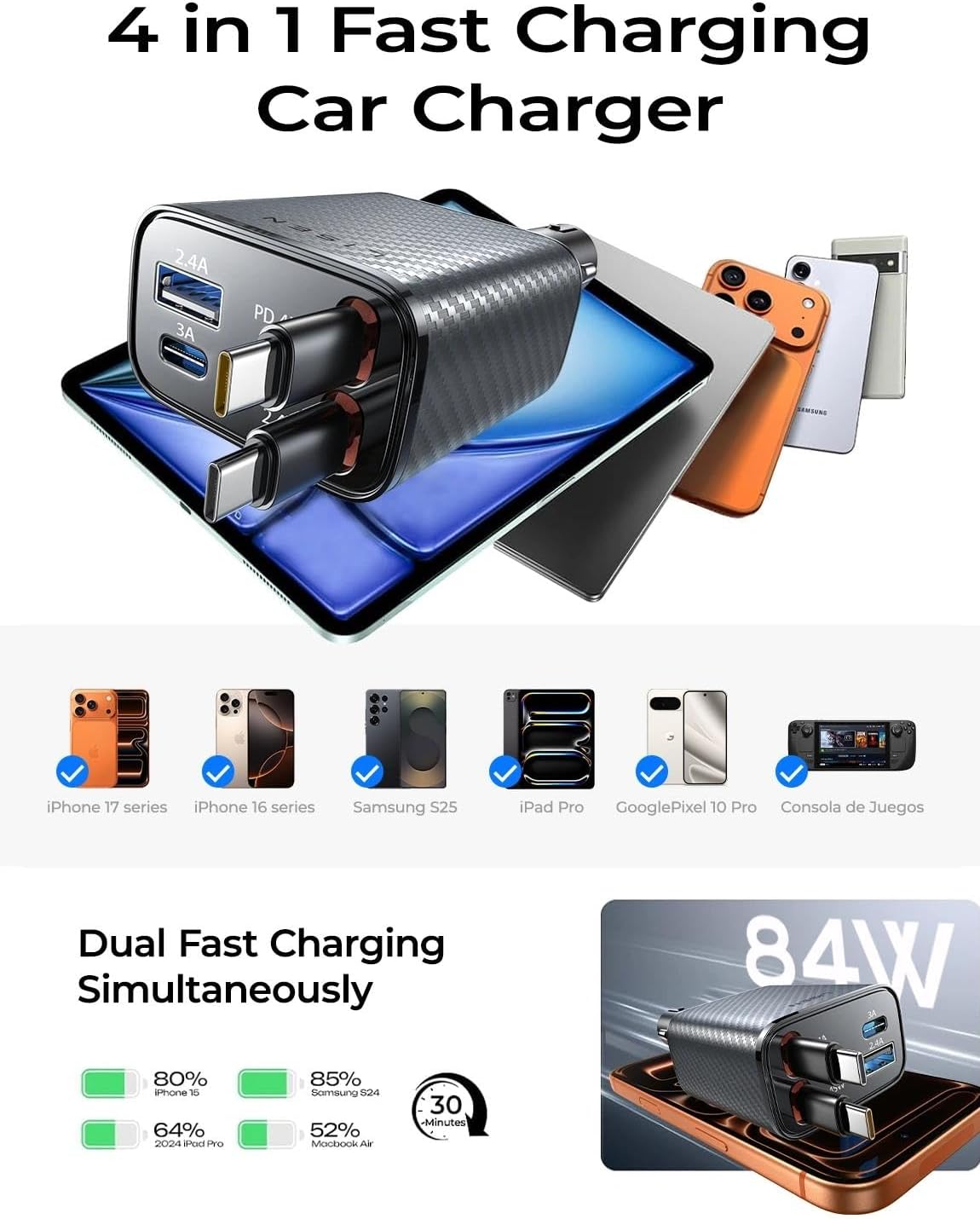 LISEN 72W Retractable Car Charger Ultra-Compact USBC Fast Car Charger