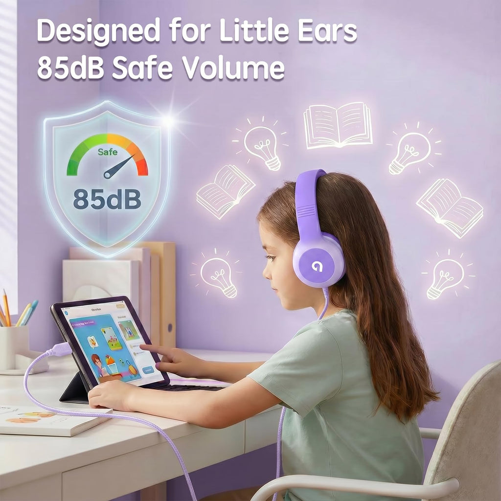 ADOOPE Wired Kids Headphones with USB C Plug, 85dB Safe Volume, Adjustable Headband, Tangle-Free Cord Headphones for School, Tablet, Travel (Light Purple & Pink, Without Microphone)