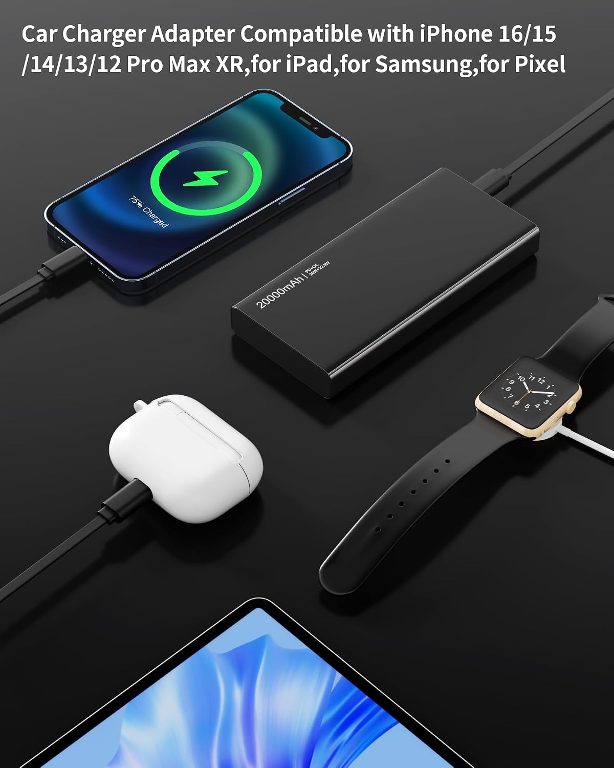 Retractable Car Charger,4 in 1 Fast Charging Car Charger with USB-C & USB-A