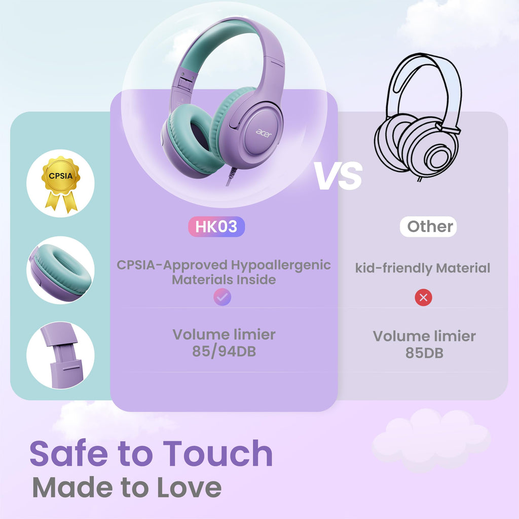 Acer Kids Headphones for School, 85-94dB Limiter, 3.5mm Jack, w/Mic HK03