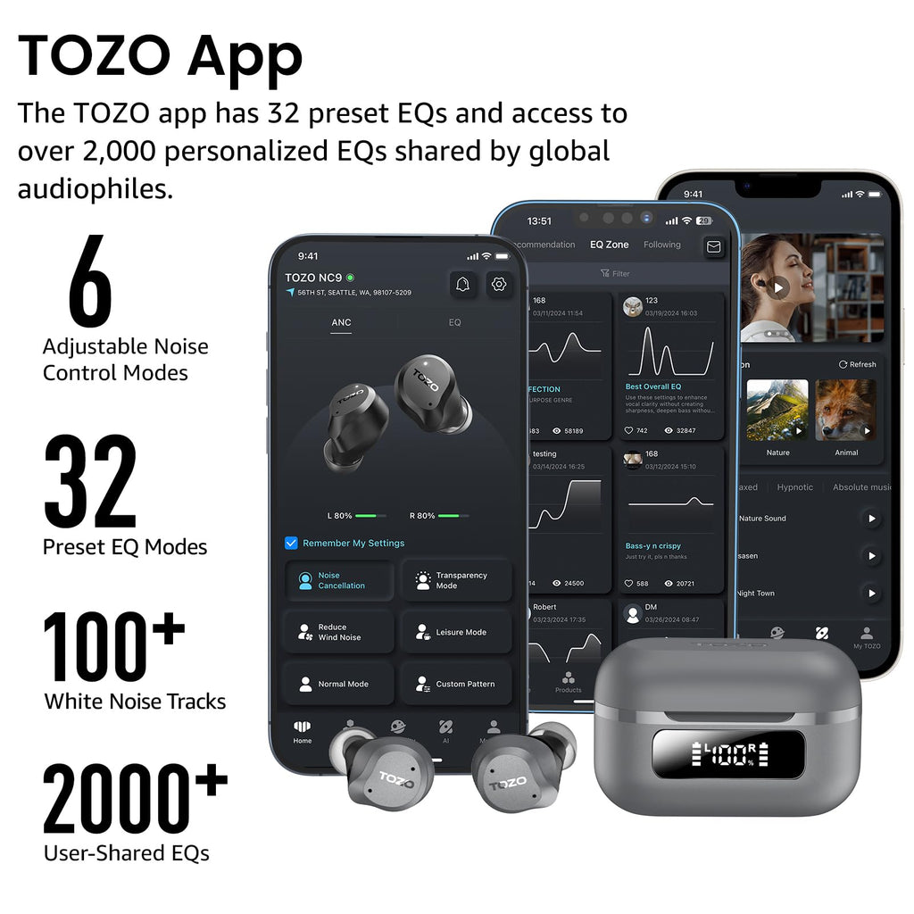 TOZO NC9 Hybrid Active Noise Cancelling Wireless Earbuds, 60H, LED Display
