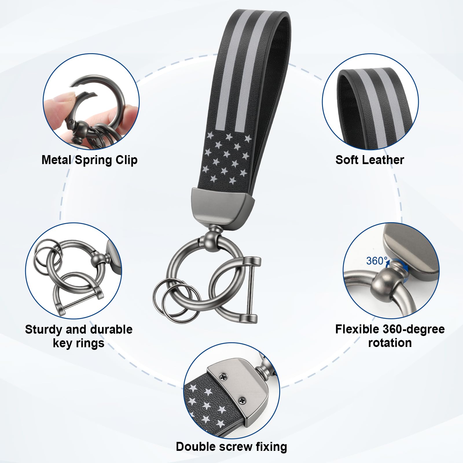 JUSTTOP Leather Wristlet Keychain, Carbon Fiber Car Key Chain with Anti-Lost D-Ring and 2 Key Rings, Compatible with Most Car Keys, Car Accessories, A Great Gift for Men and Women (Black)
