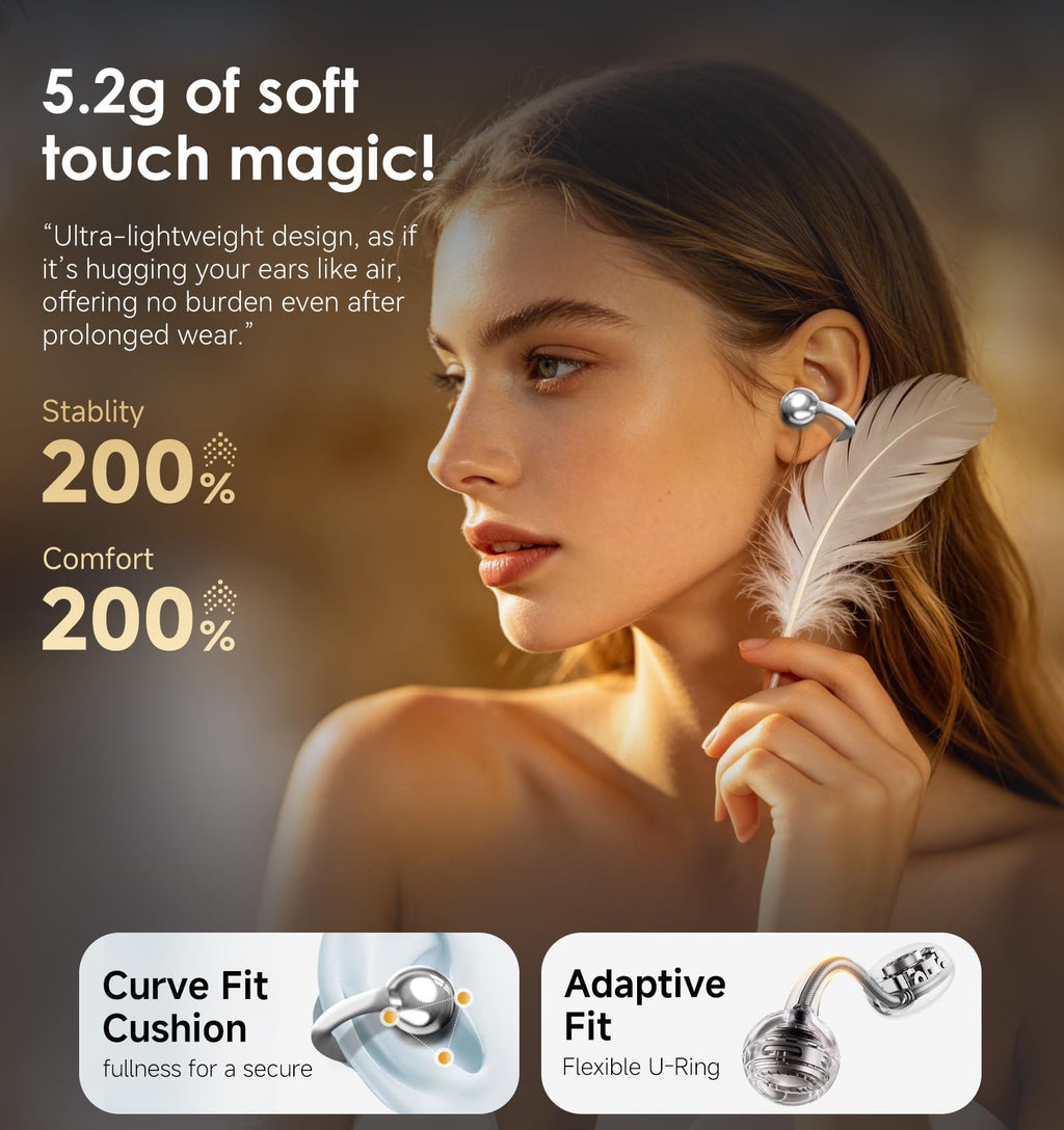 King Lucky Clip-On Earbuds Gen 3, Open-Ear Wireless Bluetooth 6.0 Headphones with Mic, Secure Fit for Small Ears & Glasses Wearers, 50H Playtime, LED Digital Display, ENC, IPX5 Waterproof (Purple)