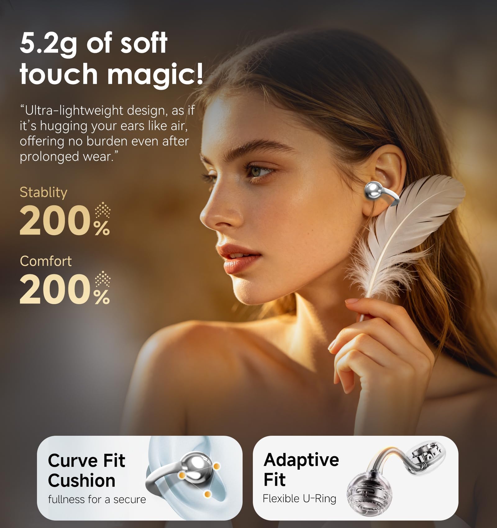 King Lucky Clip-On Earbuds Gen 3, Open-Ear Wireless Bluetooth 6.0 Headphones with Mic, Secure Fit for Small Ears & Glasses Wearers, 50H Playtime, LED Digital Display, ENC, IPX5 Waterproof (Purple)