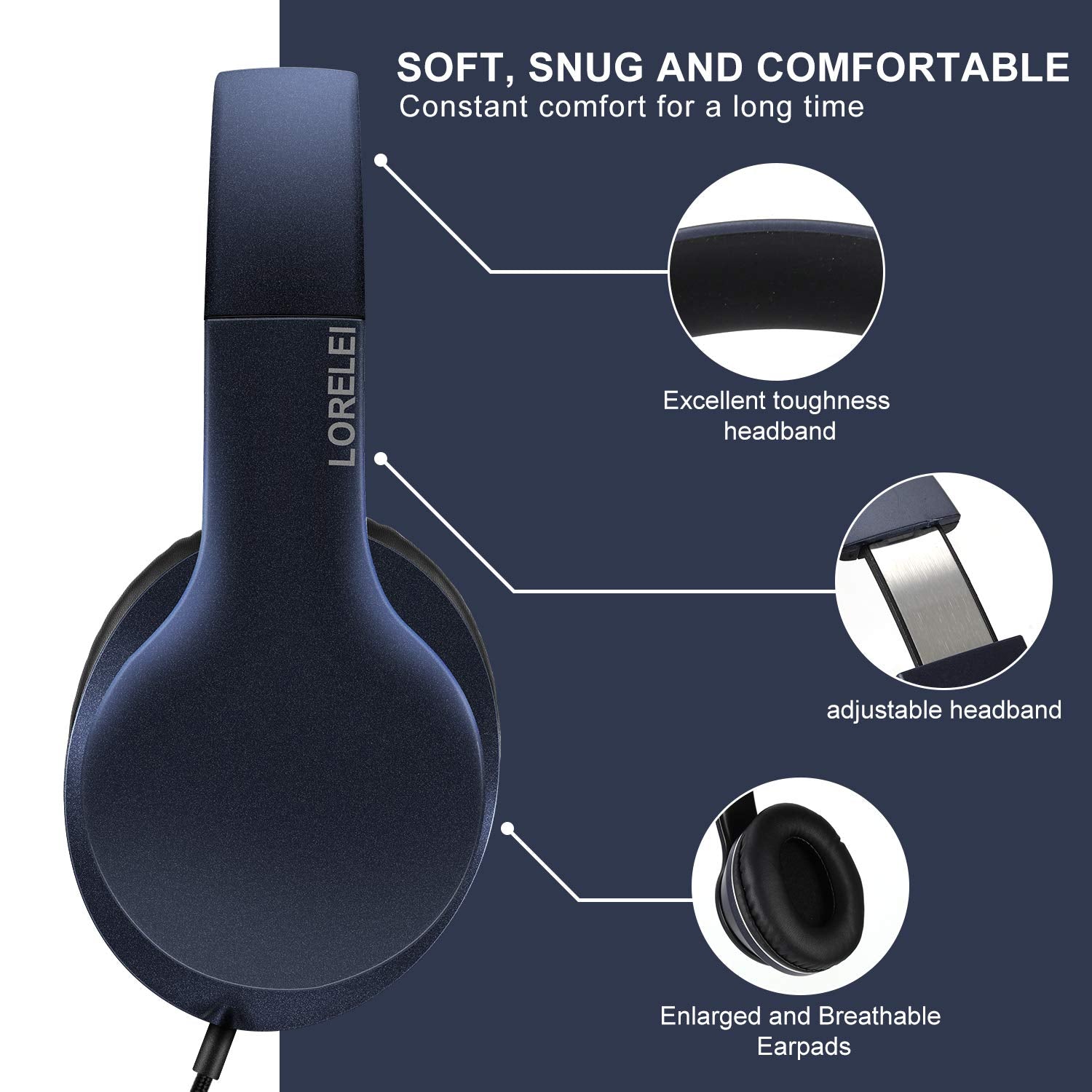 LORELEI X6 Over-Ear Wired Stereo Bass Headphones with Microphone, Lightweight, Foldable & Portable with 1.45M No-Tangle for Smartphone, Tablet, MP3/4, Space Black