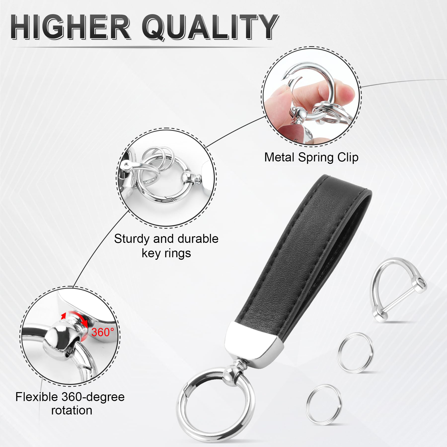 JUSTTOP Leather Wristlet Keychain, Carbon Fiber Car Key Chain with Anti-Lost D-Ring and 2 Key Rings, Compatible with Most Car Keys, Car Accessories, A Great Gift for Men and Women (Black)