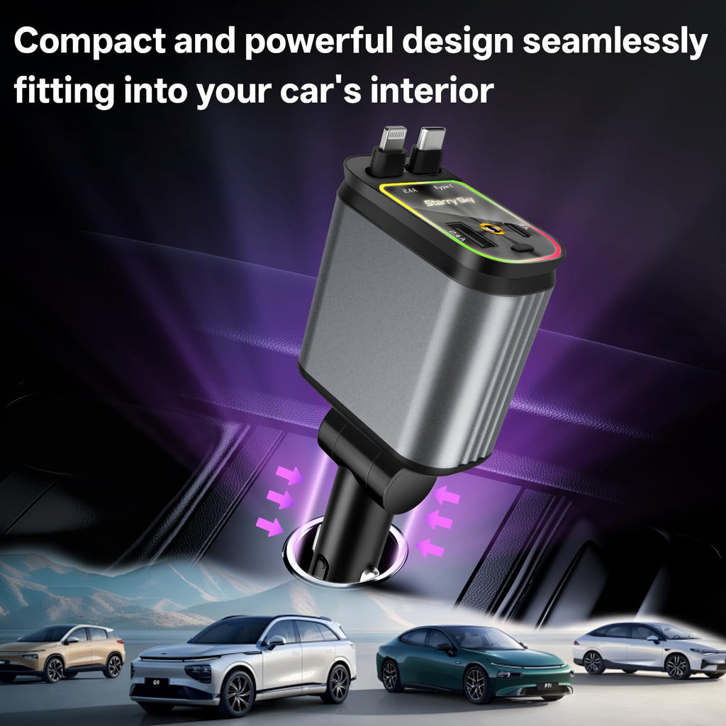 Retractable Car Charger,4 in 1 Fast Charging Car Charger with USB-C & USB-A