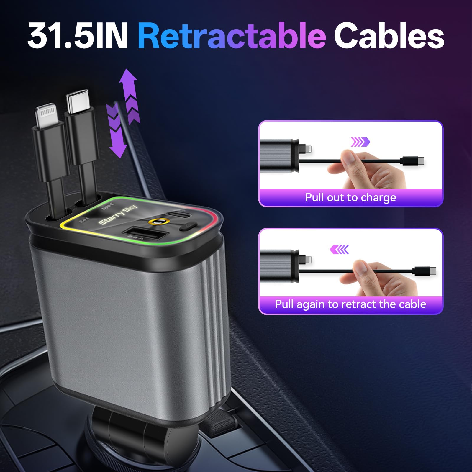 Retractable Car Charger,4 in 1 Fast Charging Car Charger with USB-C & USB-A