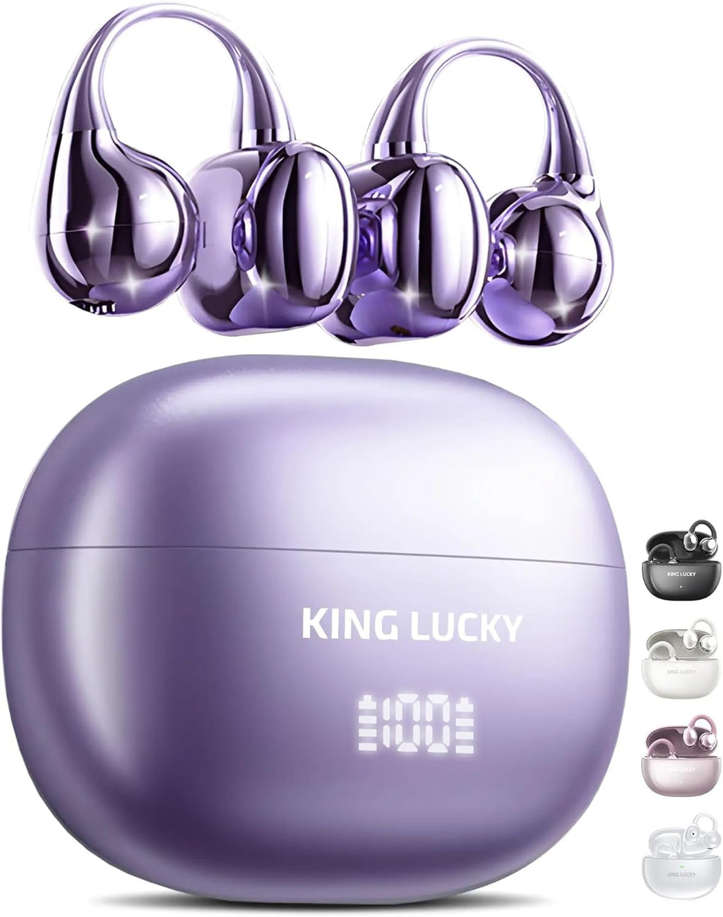 King Lucky Clip-On Earbuds Gen 3, Open-Ear Wireless Bluetooth 6.0 Headphones with Mic, Secure Fit for Small Ears & Glasses Wearers, 50H Playtime, LED Digital Display, ENC, IPX5 Waterproof (Purple)