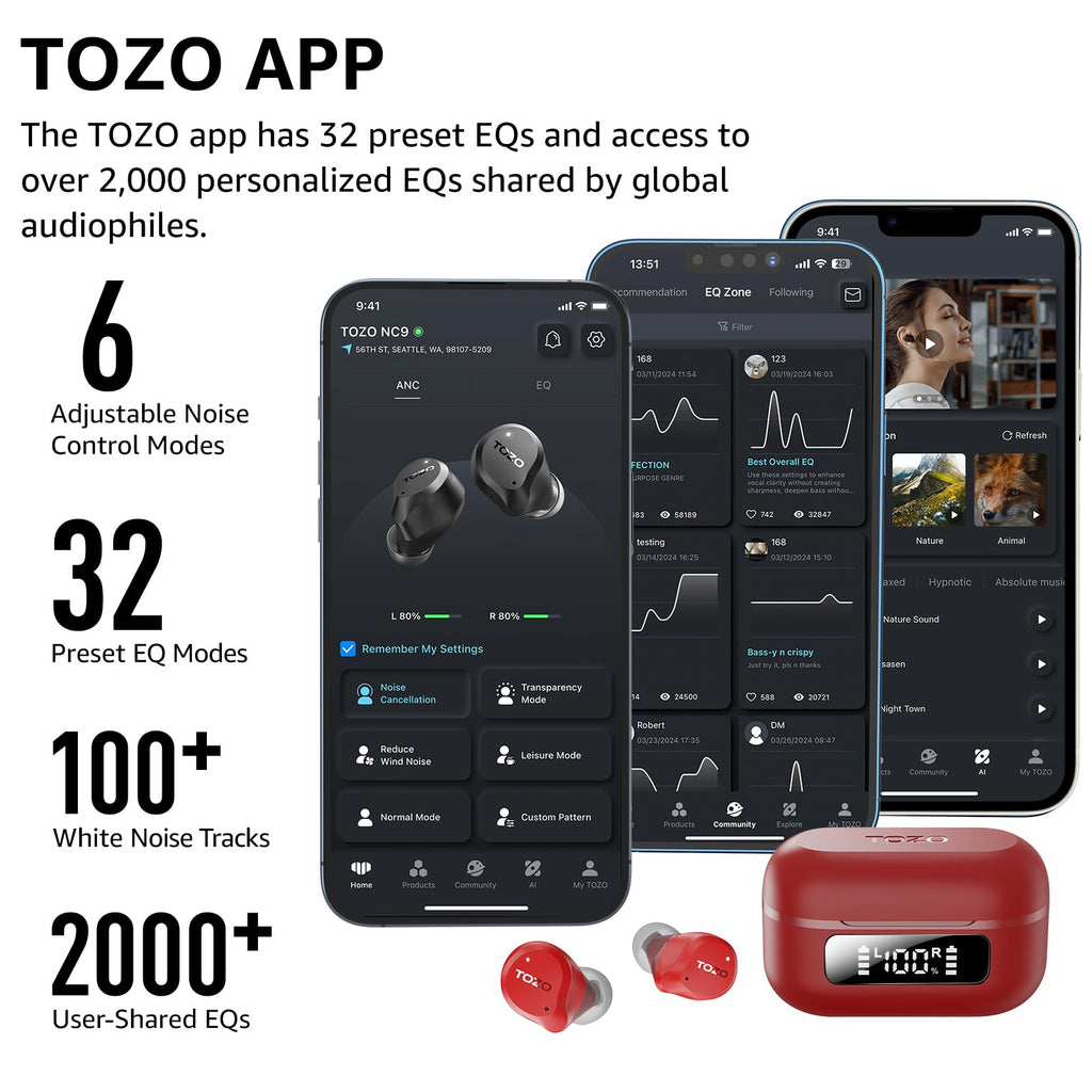 TOZO NC9 Hybrid Active Noise Cancelling Wireless Earbuds, 60H, LED Display
