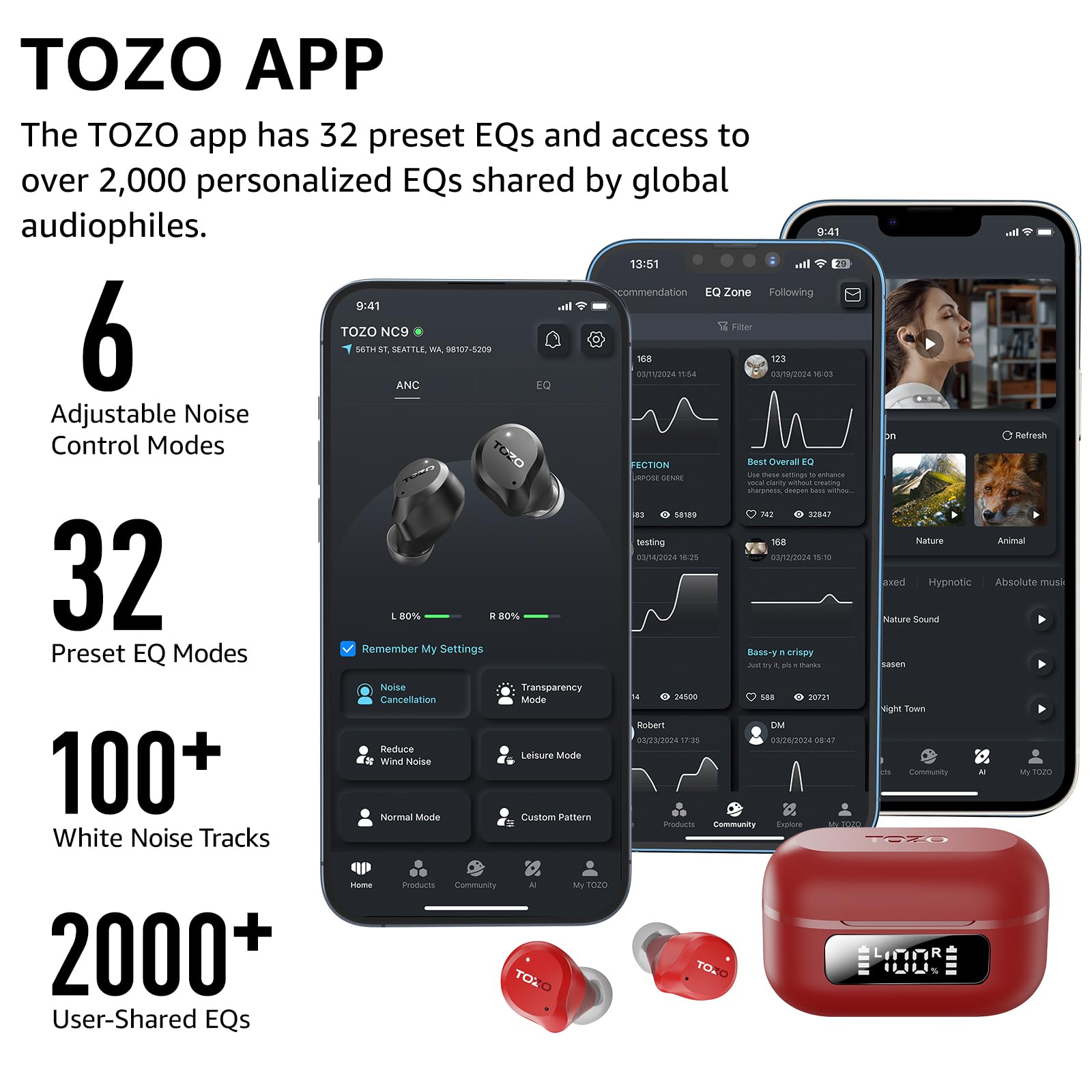 TOZO NC9 Hybrid Active Noise Cancelling Wireless Earbuds, 60H, LED Display