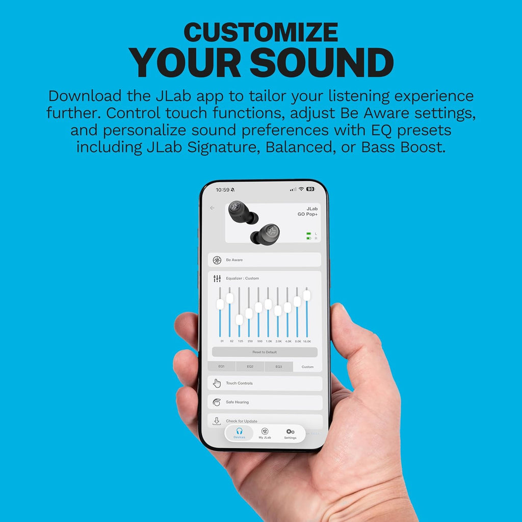 JLab Go Air Pop+ True Wireless Earbuds, in Ear Headphones, Bluetooth Earphones, 35H Playtime Ear Buds, Bluetooth Earbuds with Microphone, USB-C Charging Case, Dual Connect, EQ3 Sound, Black