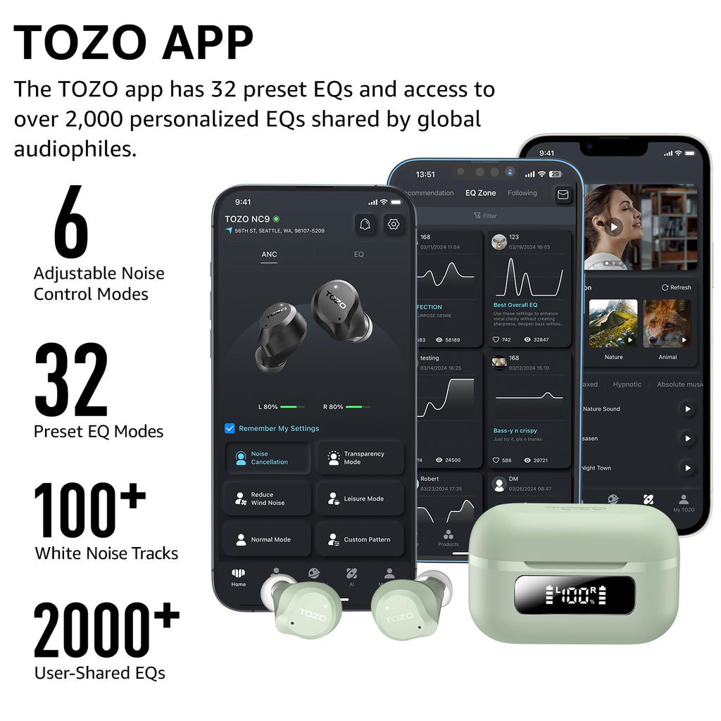 TOZO NC9 Hybrid Active Noise Cancelling Wireless Earbuds, 60H, LED Display