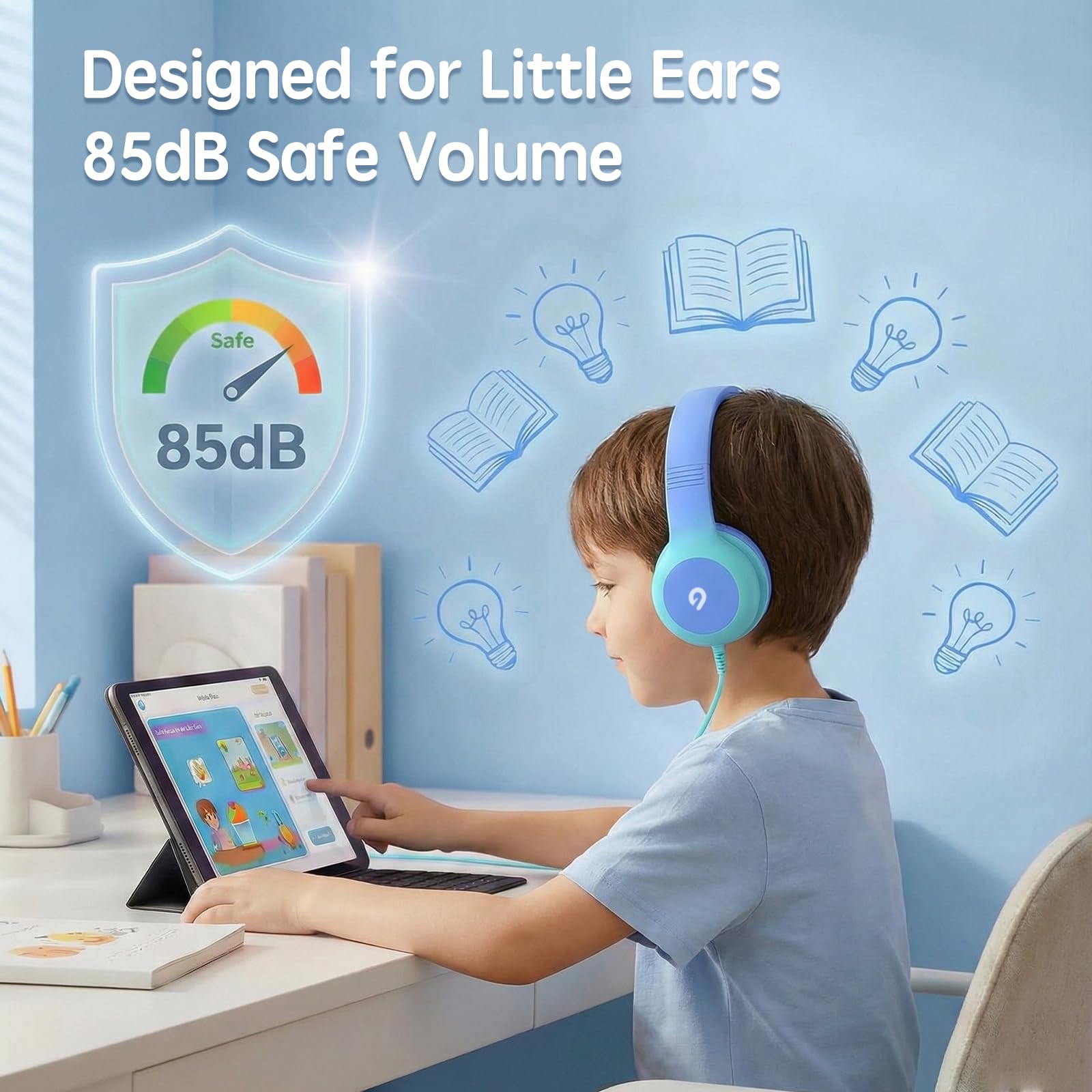 ADOOPE Wired Kids Headphones with USB C Plug, 85dB Safe Volume, Adjustable Headband, Tangle-Free Cord Headphones for School, Tablet, Travel (Light Purple & Pink, Without Microphone)