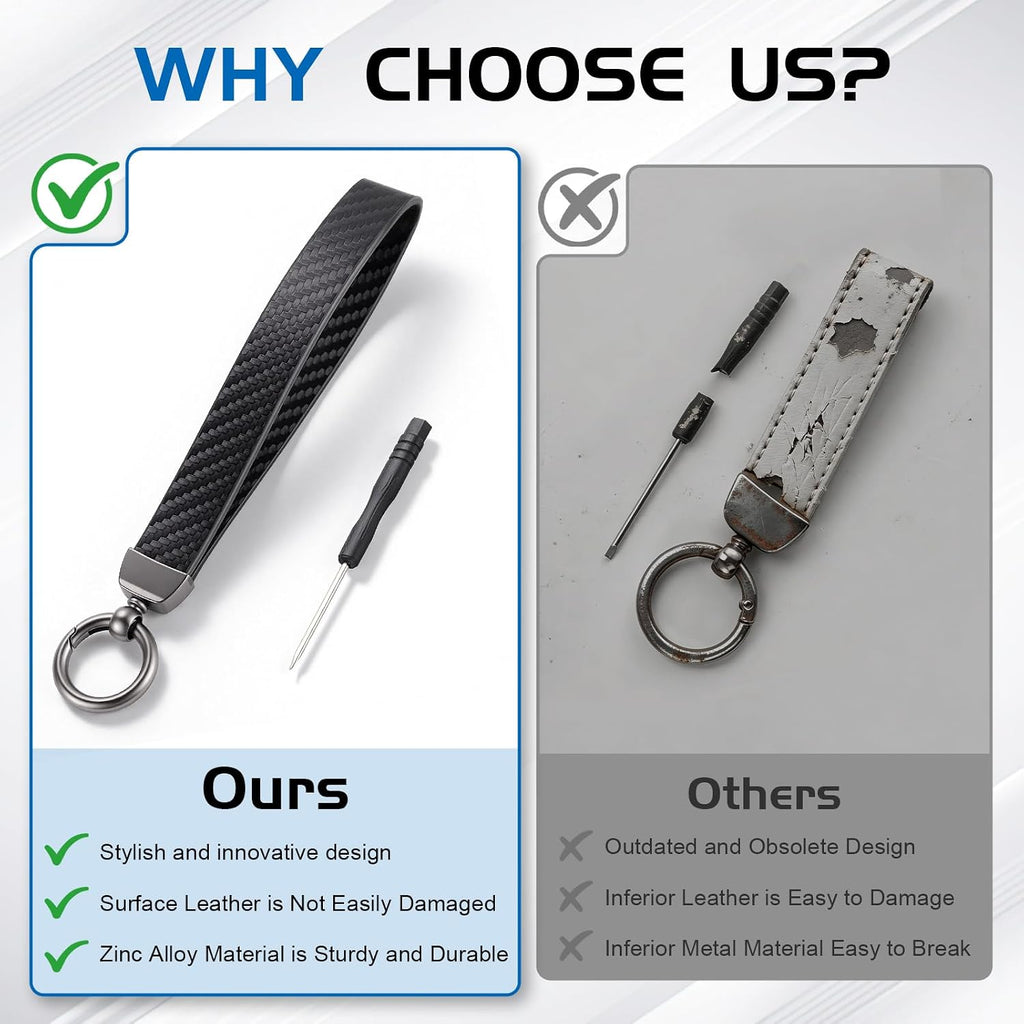 JUSTTOP Leather Wristlet Keychain, Carbon Fiber Car Key Chain with Anti-Lost D-Ring and 2 Key Rings, Compatible with Most Car Keys, Car Accessories, A Great Gift for Men and Women (Black)