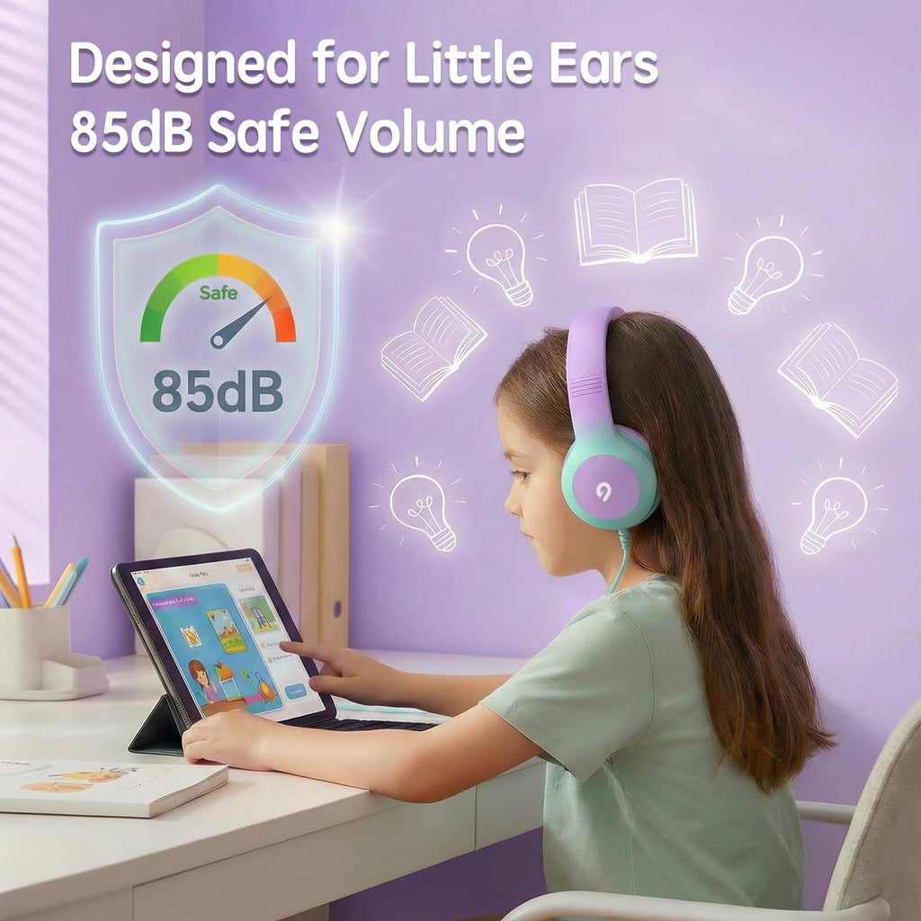 ADOOPE Wired Kids Headphones with USB C Plug, 85dB Safe Volume, Adjustable Headband, Tangle-Free Cord Headphones for School, Tablet, Travel (Light Purple & Pink, Without Microphone)