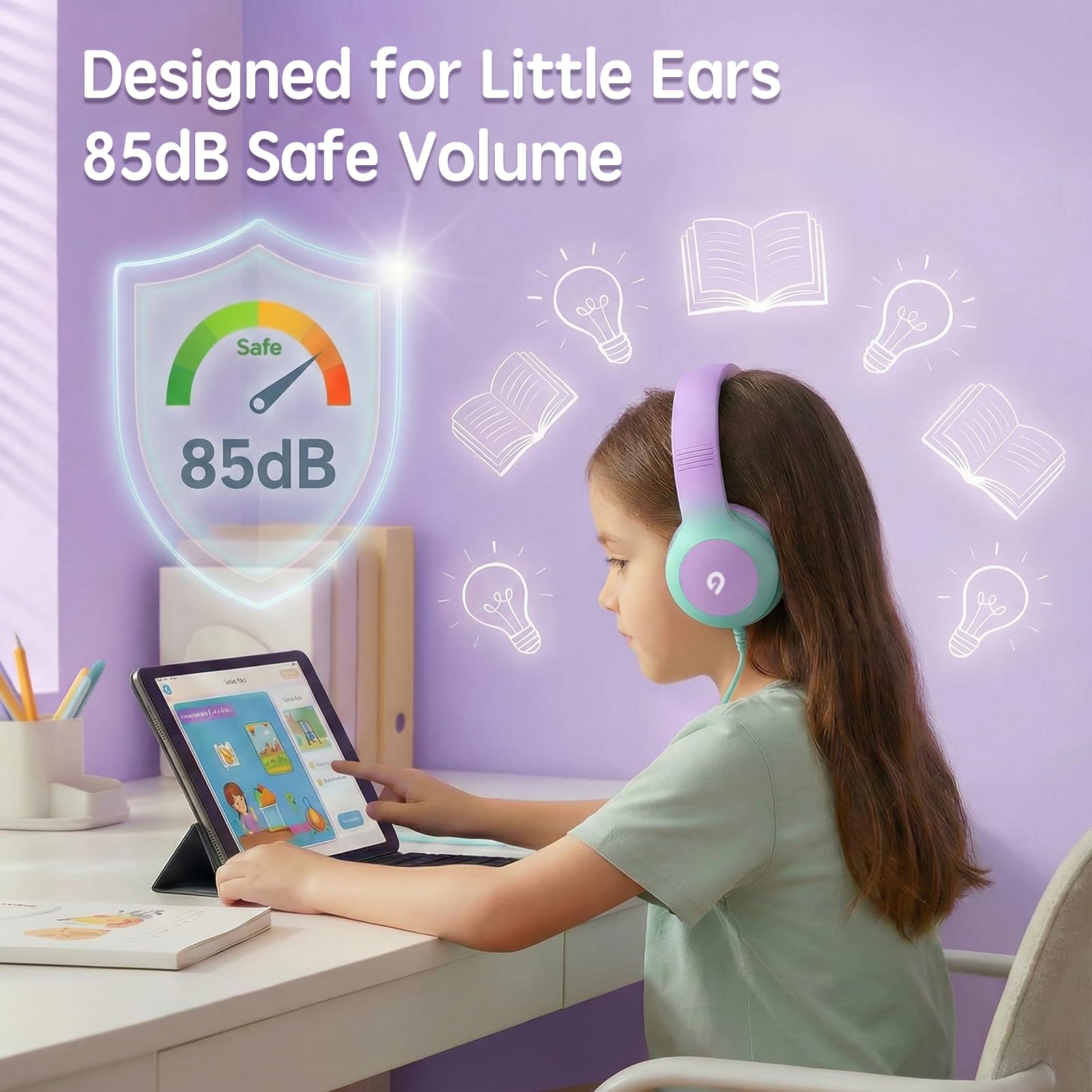 ADOOPE Wired Kids Headphones with USB C Plug, 85dB Safe Volume, Adjustable Headband, Tangle-Free Cord Headphones for School, Tablet, Travel (Light Purple & Pink, Without Microphone)