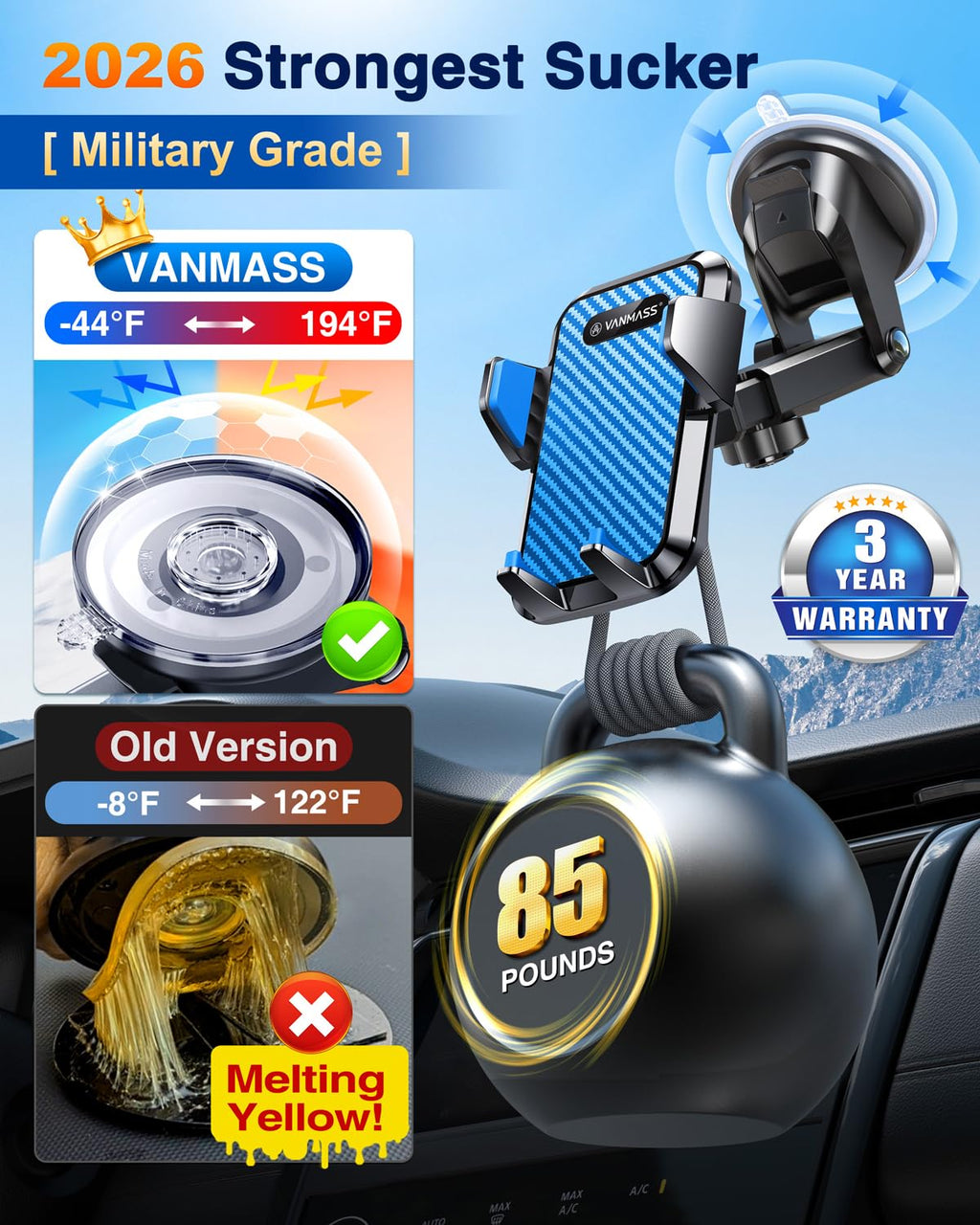 VANMASS【85+LBS Strongest Suction & Military-Grade Ultimate Car Phone Mount