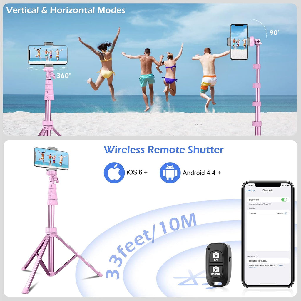 SENSYNE 72" Phone Tripod & Selfie Stick, Extendable Cell Phone Tripod Stand with Wireless Remote and Phone Holder, Compatible with iPhone Android Phone, Camera, Pink