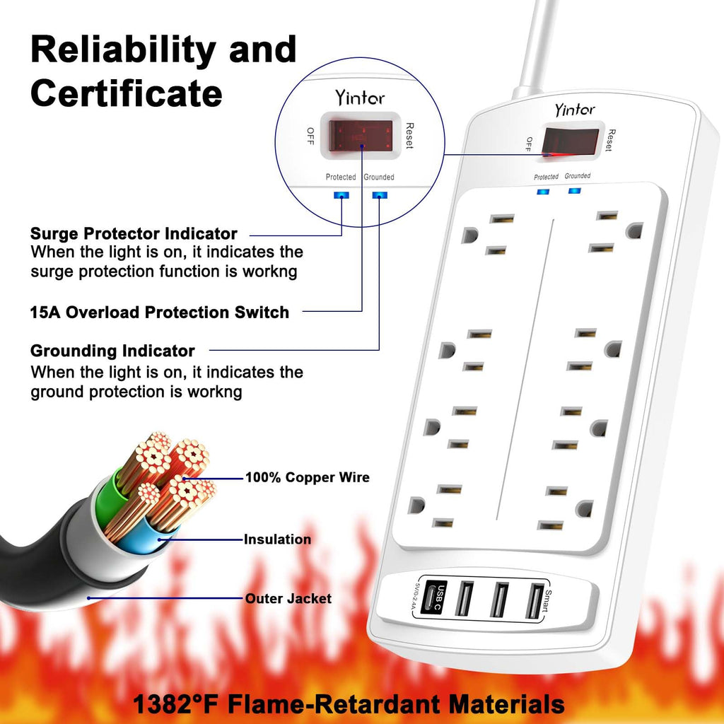 Yintar 6Ft Surge Protector Power Strip with 6 Outlets & 3 USB Ports, Black