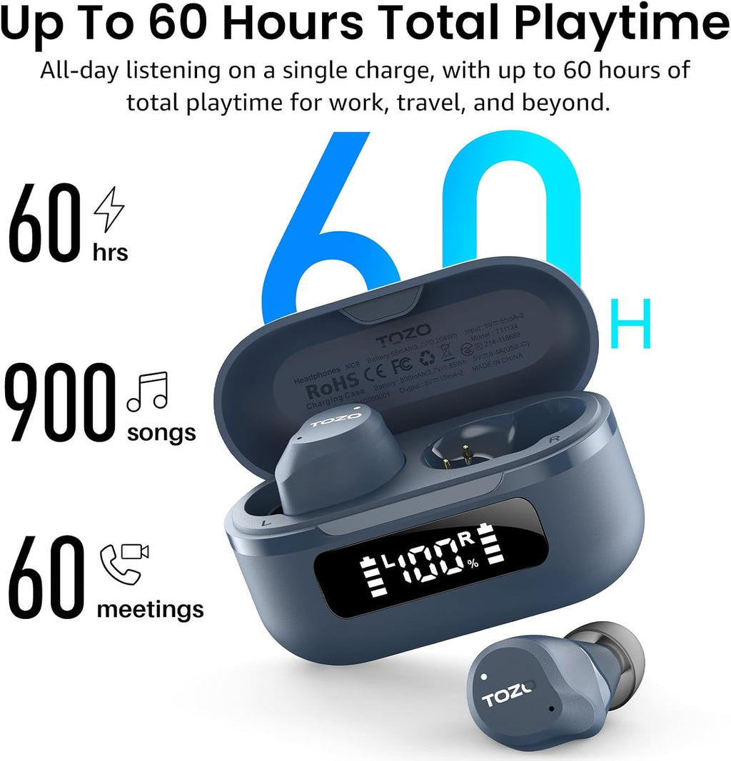 TOZO NC9 Hybrid Active Noise Cancelling Wireless Earbuds, 60H, LED Display