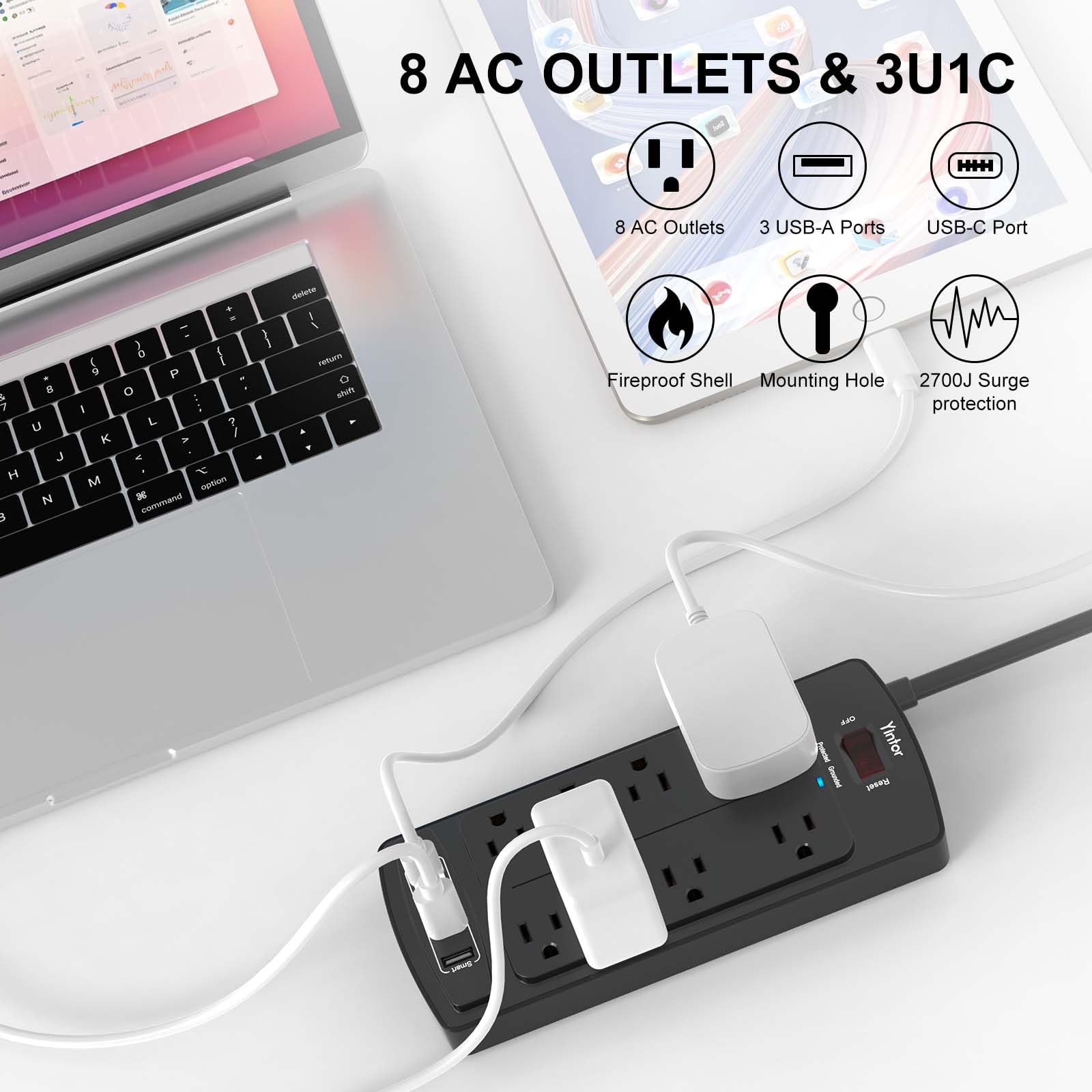 Yintar 6Ft Surge Protector Power Strip with 6 Outlets & 3 USB Ports, Black
