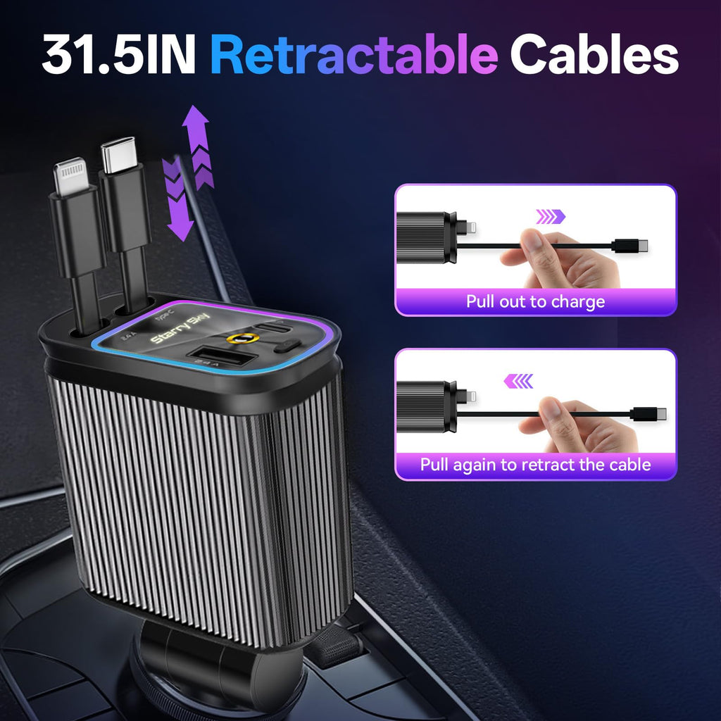 Retractable Car Charger,4 in 1 Fast Charging Car Charger with USB-C & USB-A
