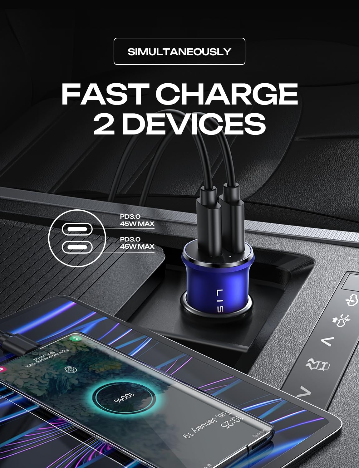 LISEN 90W Car Charger USB C Fast Charge,USB C Car Charger for iPhone 17 Pro