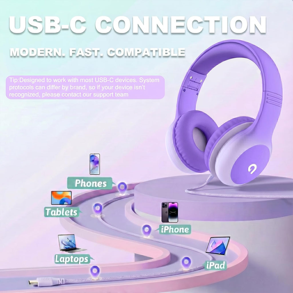 ADOOPE Wired Kids Headphones with USB C Plug, 85dB Safe Volume, Adjustable Headband, Tangle-Free Cord Headphones for School, Tablet, Travel (Light Purple & Pink, Without Microphone)